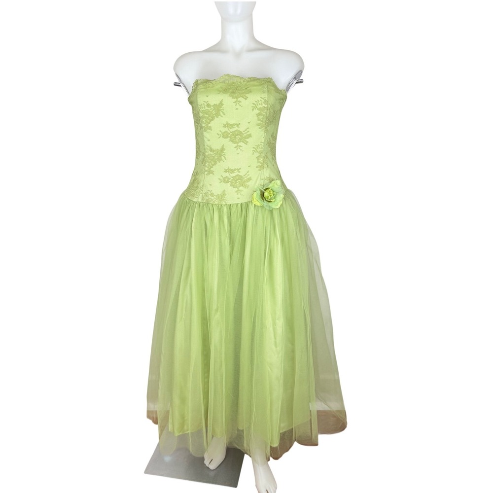 Y2K Jessica McClintock Gunne Sax Green Lace Tulle Strapless Prom Dress 7/8 Fairy